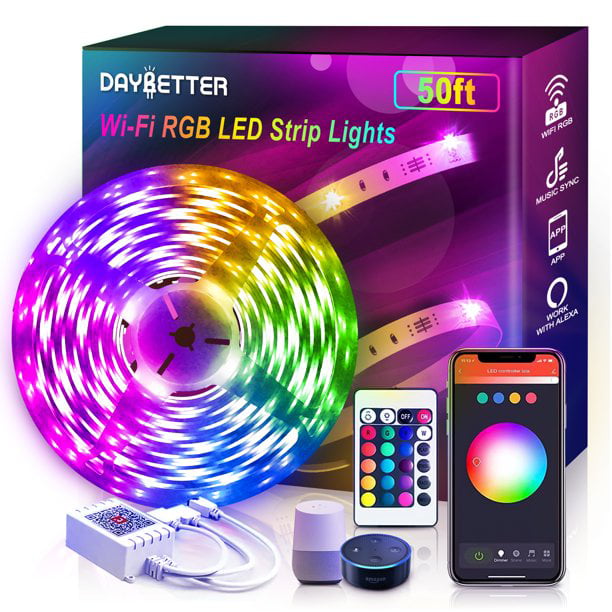 enhed Ægte Vedrørende DAYBETTER 50ft LED Strip Lights,RGB 5050 LED Lights Work with Google  Assistant, Flexible, Timer Schedule,Color Changing Light Strips for Bedroom  - Walmart.com