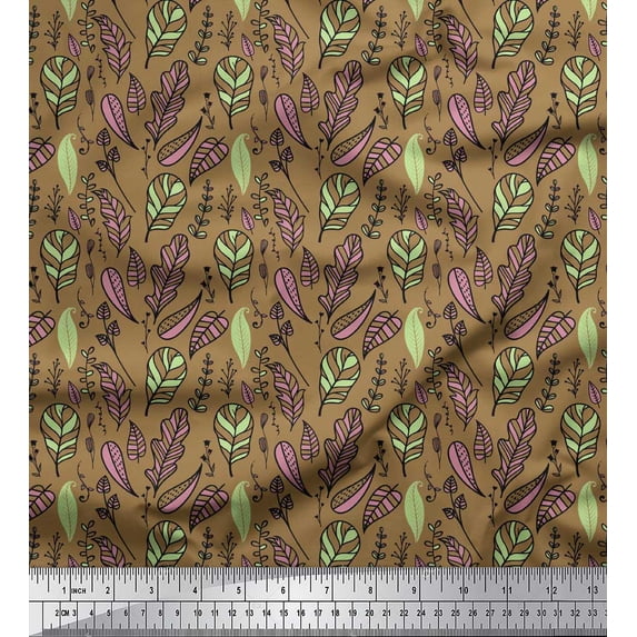 Soimoi Brown Viscose Chiffon Fabric Artistic Leaves Print Fabric by Yard 42 Inch Wide