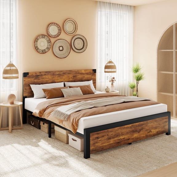 Queen Size Bed Frame,Heavy Duty Metal Platform Bed W/Vintage Wood Headboard,Metal Support Frames,Noise-Free, No Box Spring Needed, Easy Assembly,Brown
