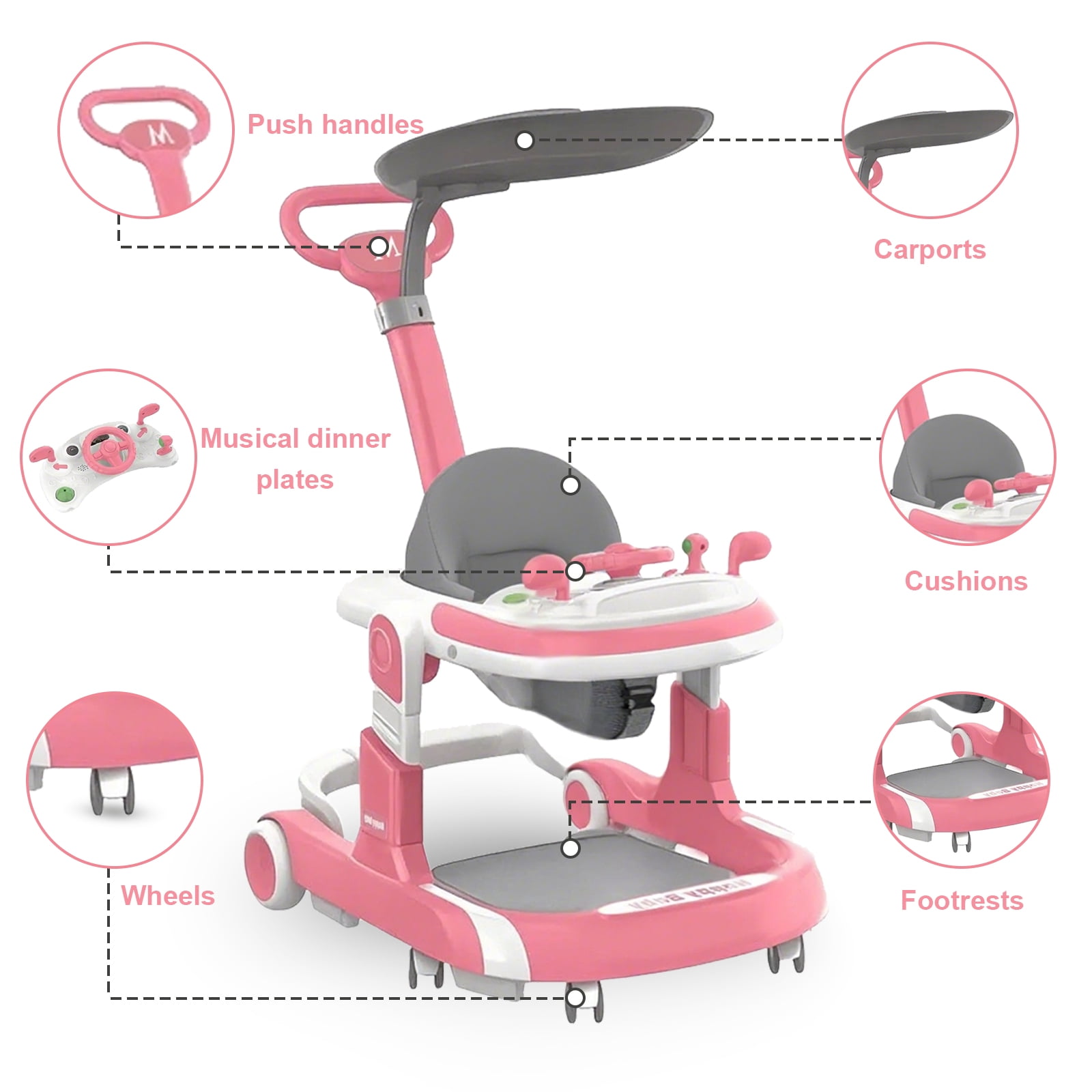 YUCHANG 4 in 1 Baby Walker with Wheels,Push Walker With Music Activity,Foldable and Height Adjustable,Pink