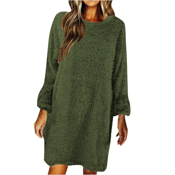 Otoño e invierno Mujer Casaul Sólido Manga larga Suelto O-cuello Peludo Suéter Vestido Fridja nbo2979