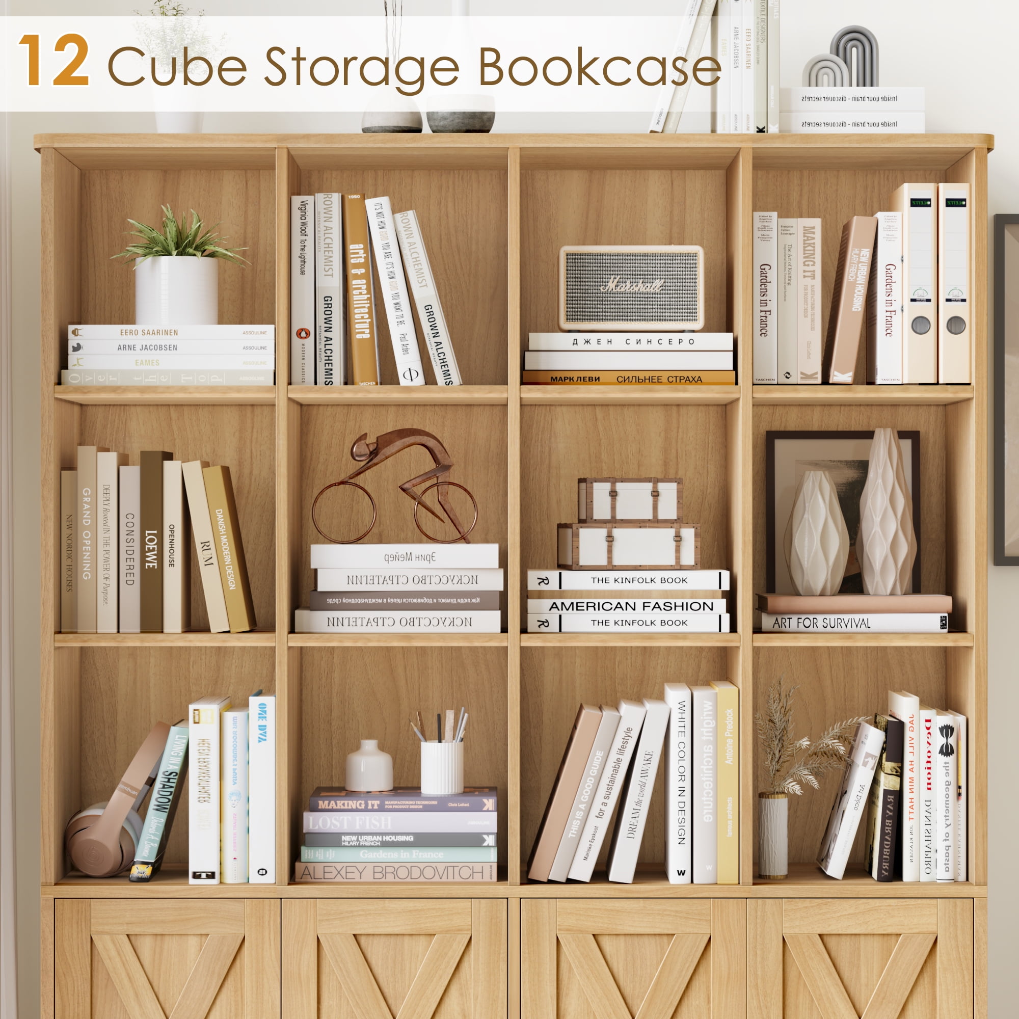 Homfa 12 Cube Double Wide Bookcase with Doors, 3 Tier Library Cabinet & Bookshelves for Home Office Living Room, Natural