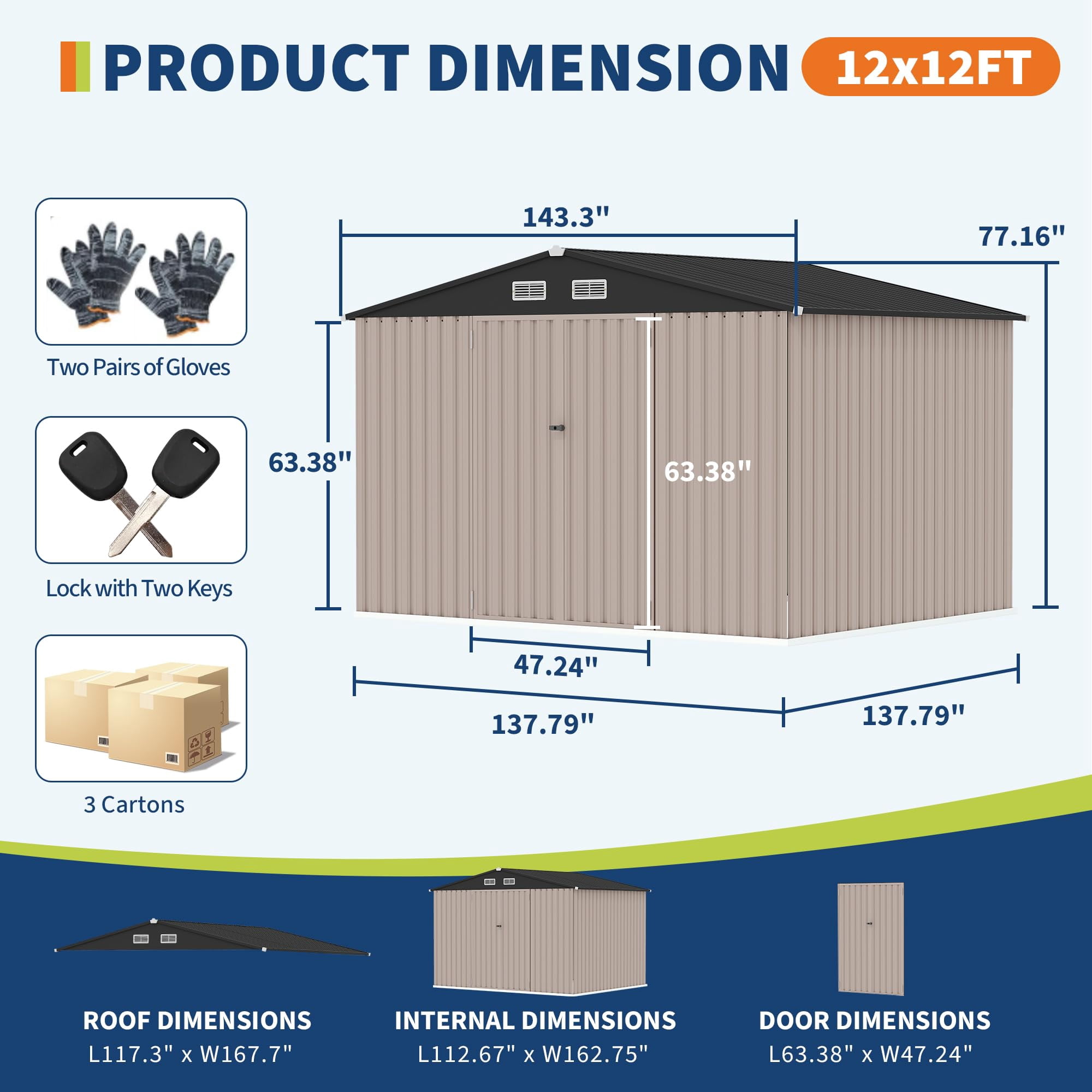12x12 FT Metal Storage Sheds Outdoor,Metal Yard Sheds Garden Shed Kit,Metals Tool Shed With Lockable Door,Metals Utility Shed Buildings With Air Vent for Backyard Garden Patio Lawn（ship in 3 boxes）