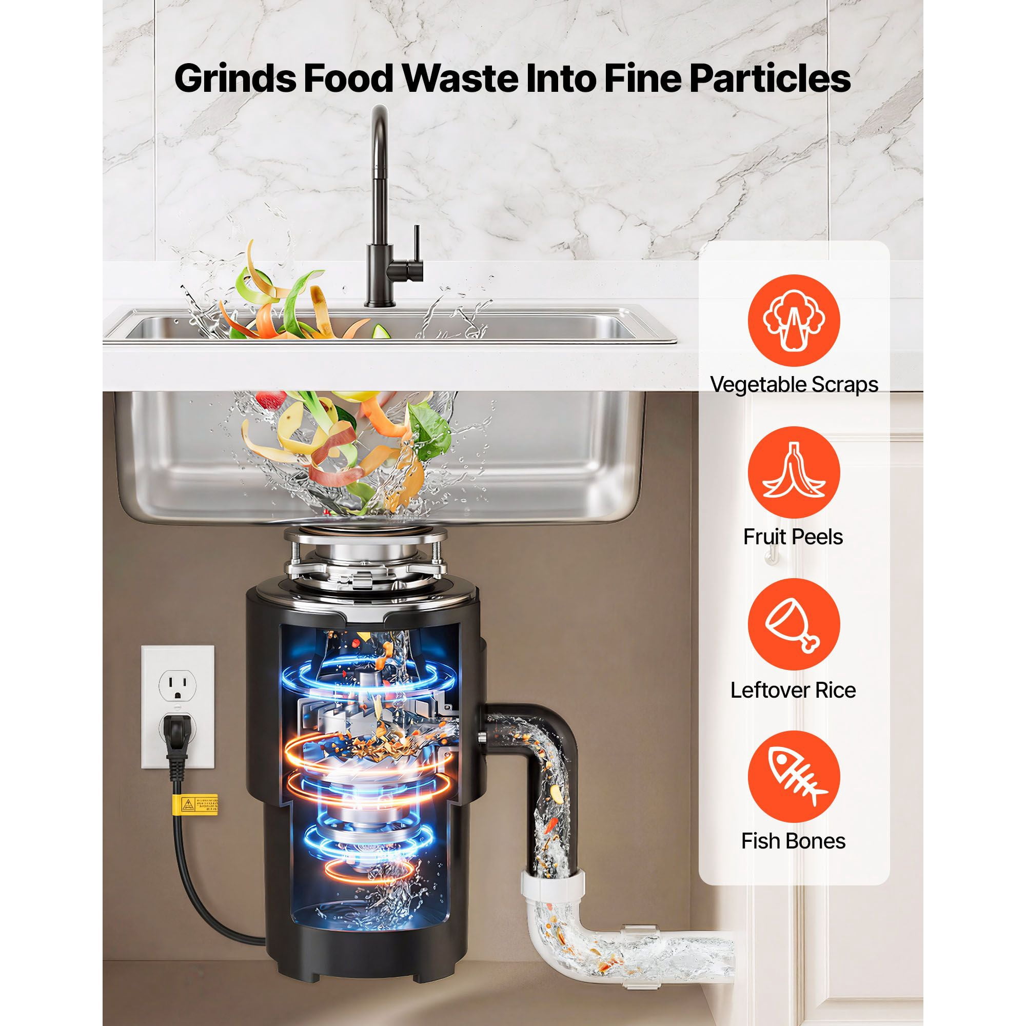 3/4horsepower Continuous Feed Garbage Disposal, 1500RPM AC Motor, 3-Bolt Mount Kitchen Sink Grinder with Splash Guard & Power Cord