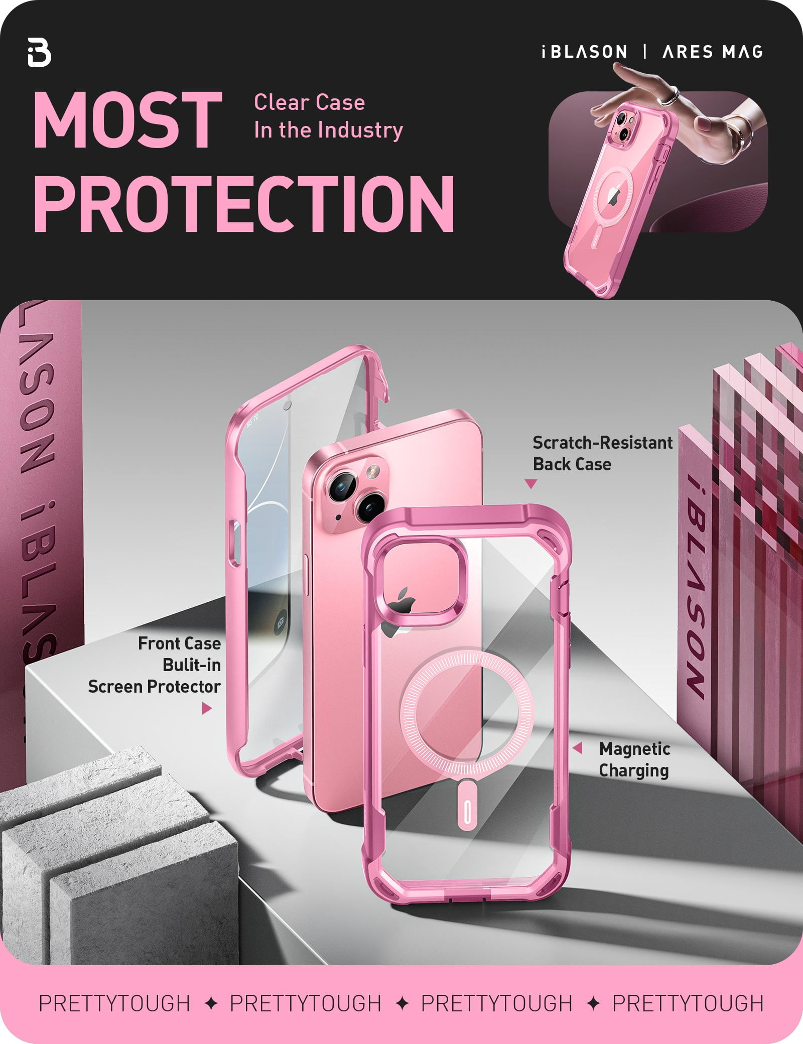 i-Blason AresMag for iPhone 15 Plus Case [6.7 inch], [MagSafe Compatible] Full-Body Dual Layer Anti-Slip Shockproof Rugged Clear Bumper Case with Built-in Screen Protector (Pink)