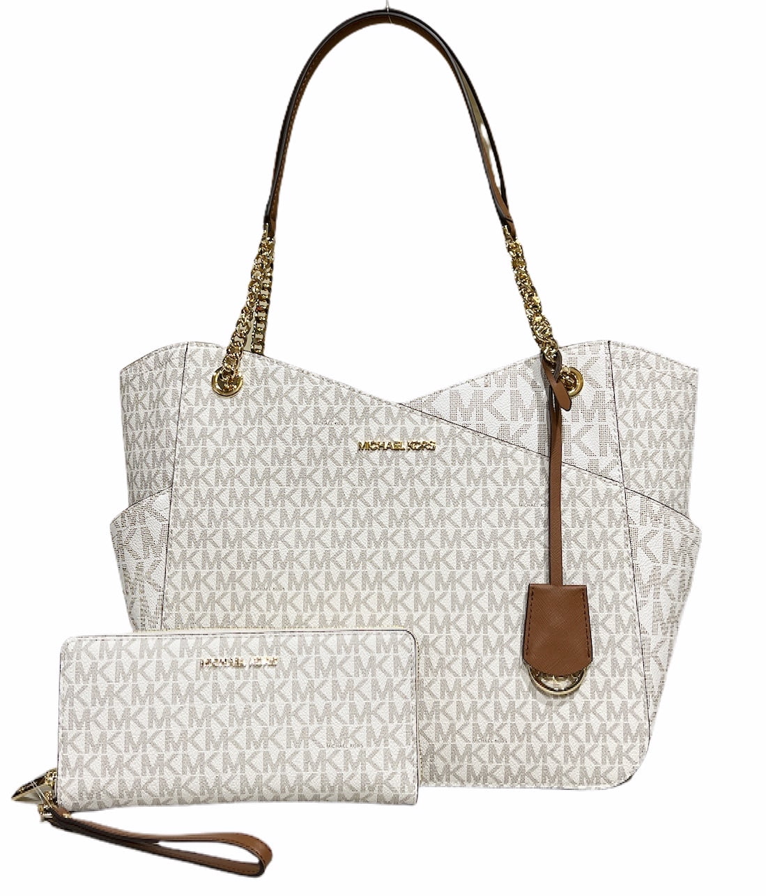 Michael Kors Kenly Large NS Tote + Jet Set Trifold Wallet White MK Cit –  Gaby's Bags