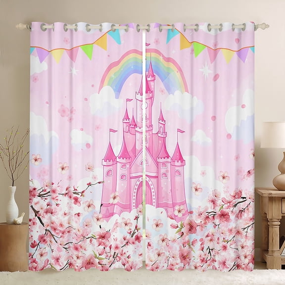 jejeloiu Dreamy Princess Castle Black Out Curtains,Cherry Blossom Curtains Pack of 2 (42x63 Each),Tairy Tale Theme Bedroom Curtains For Girls Kids,Microfiber Bedroom Decor