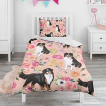 Bernese Mountain Dogs with Flowers Duvet Cover and Pillowcase Set for Single Bedding, Bedroom Accessories for Kids Teens