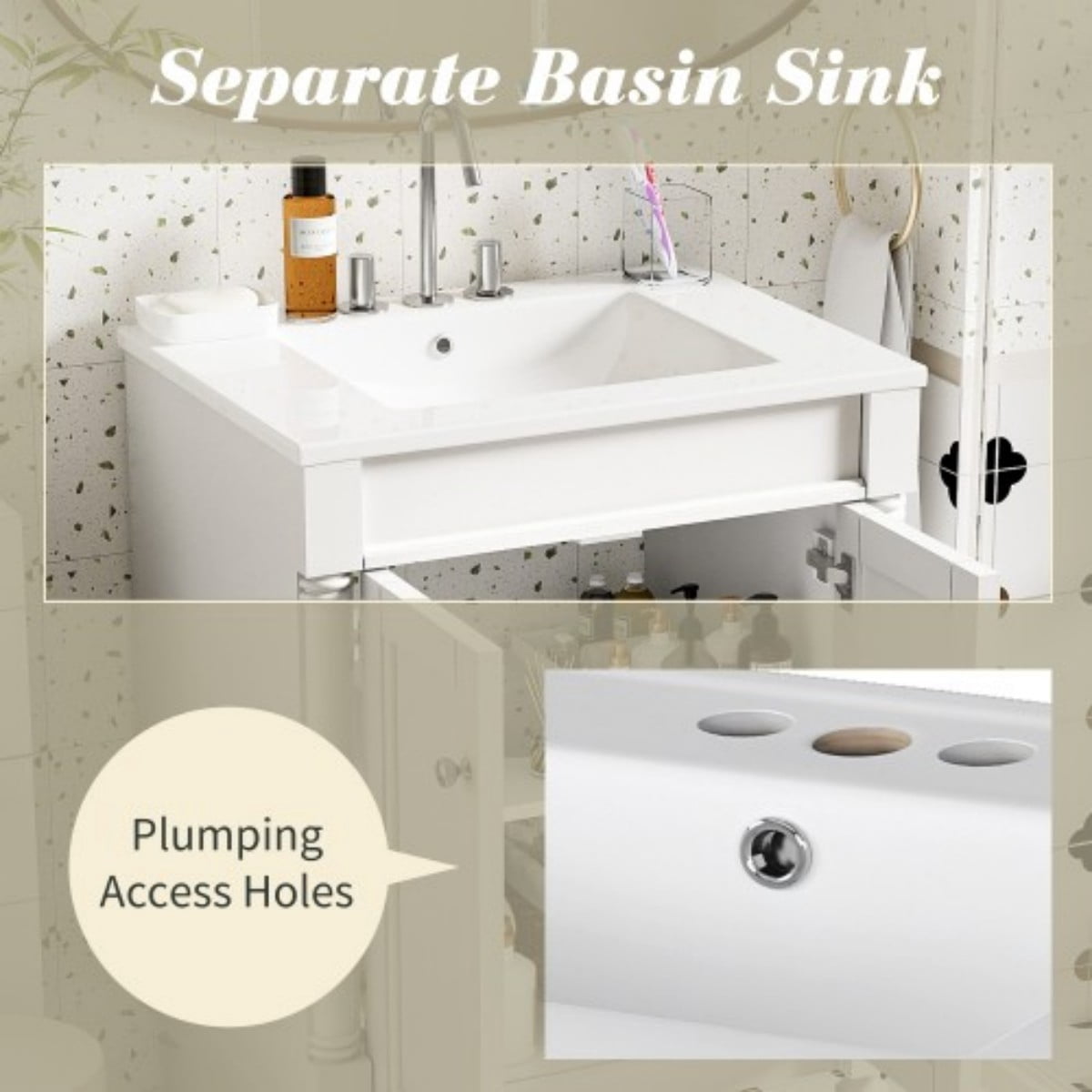24" Bathroom Vanity with Sink, Modern Bathroom Vanity Cabinet with Ceramic Top Sink, Freestanding Storage Cabinet with 2 Doors, Solid Wood Frame, White