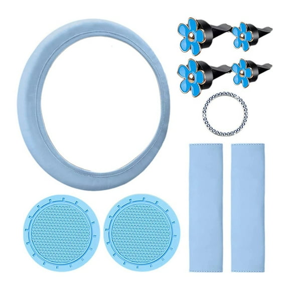 10 Pcs Steering Wheel Cover for Women Cute Car Accessories Set with Seat Belt Shoulder Pads Cup Holders Blue