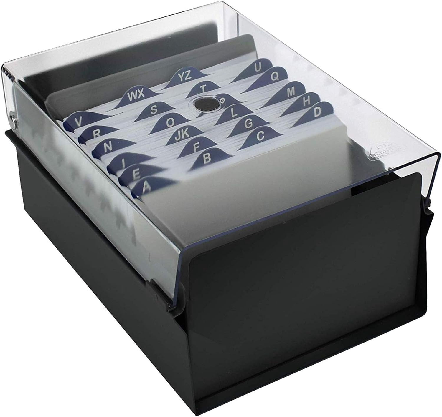 Acrimet 4 x 6 Card File Holder Organizer Box Metal Base Heavy Duty (AZ Index Cards and Divider Included) (Black Color with Clear Crystal Plastic Lid Cover)