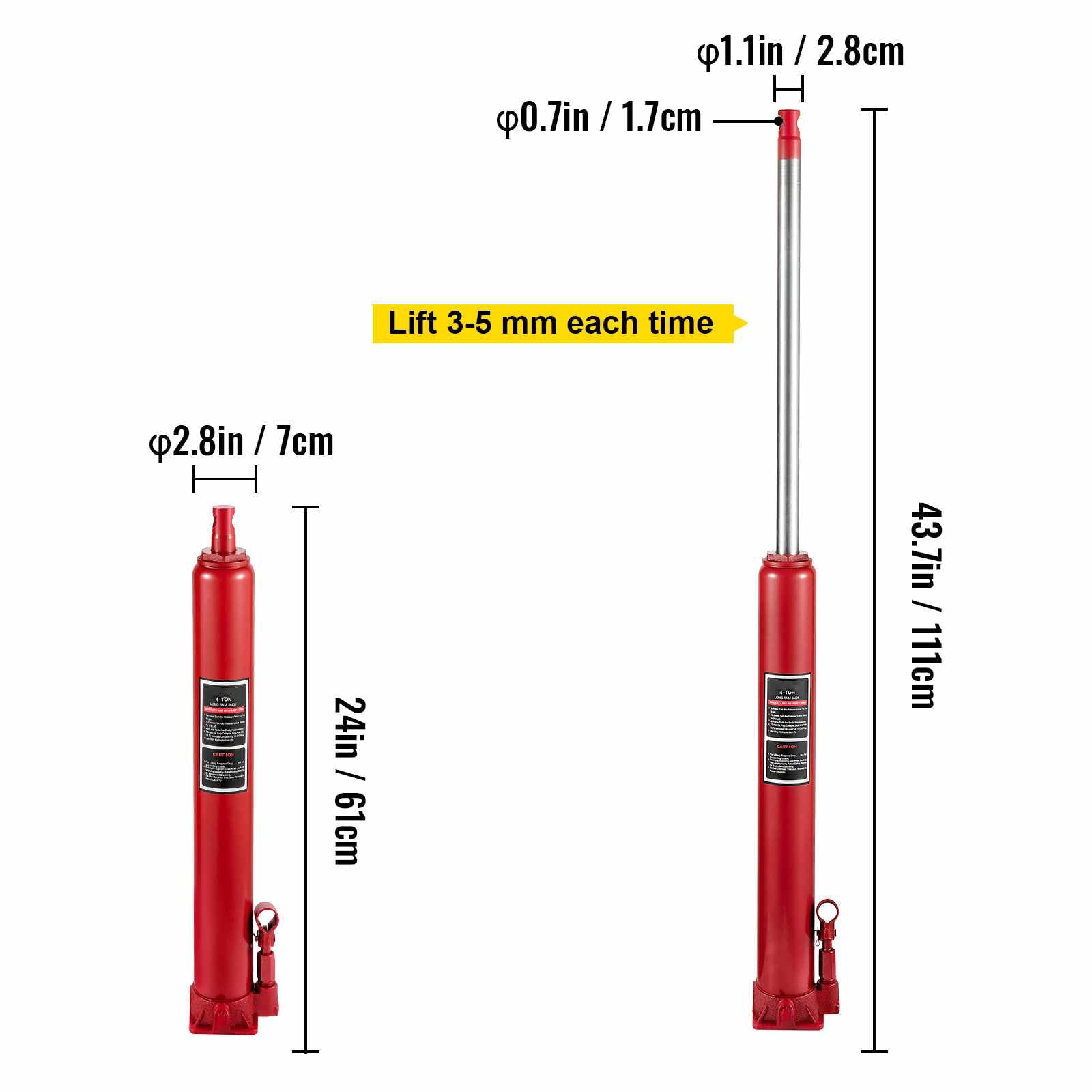 VEVOR Hydraulic Long Ram Jack, 4 Tons/8818 lbs Capacity, with Single Piston Pump and Flat Base, Manual Cherry Picker w/Handle, for Garage/Shop Cranes, Engine Lift Hoist, Red