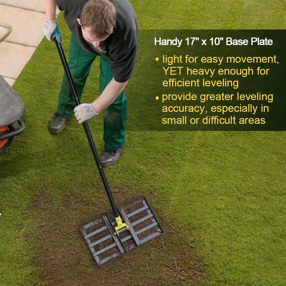 Colwelt Lawn Leveling Rake17'' x10'', Leveling Rake for Soil with 77’’ Adjustable Curved End Grip Handle, Lawn Leveling Tool Yard Leveler for Leveling Soil