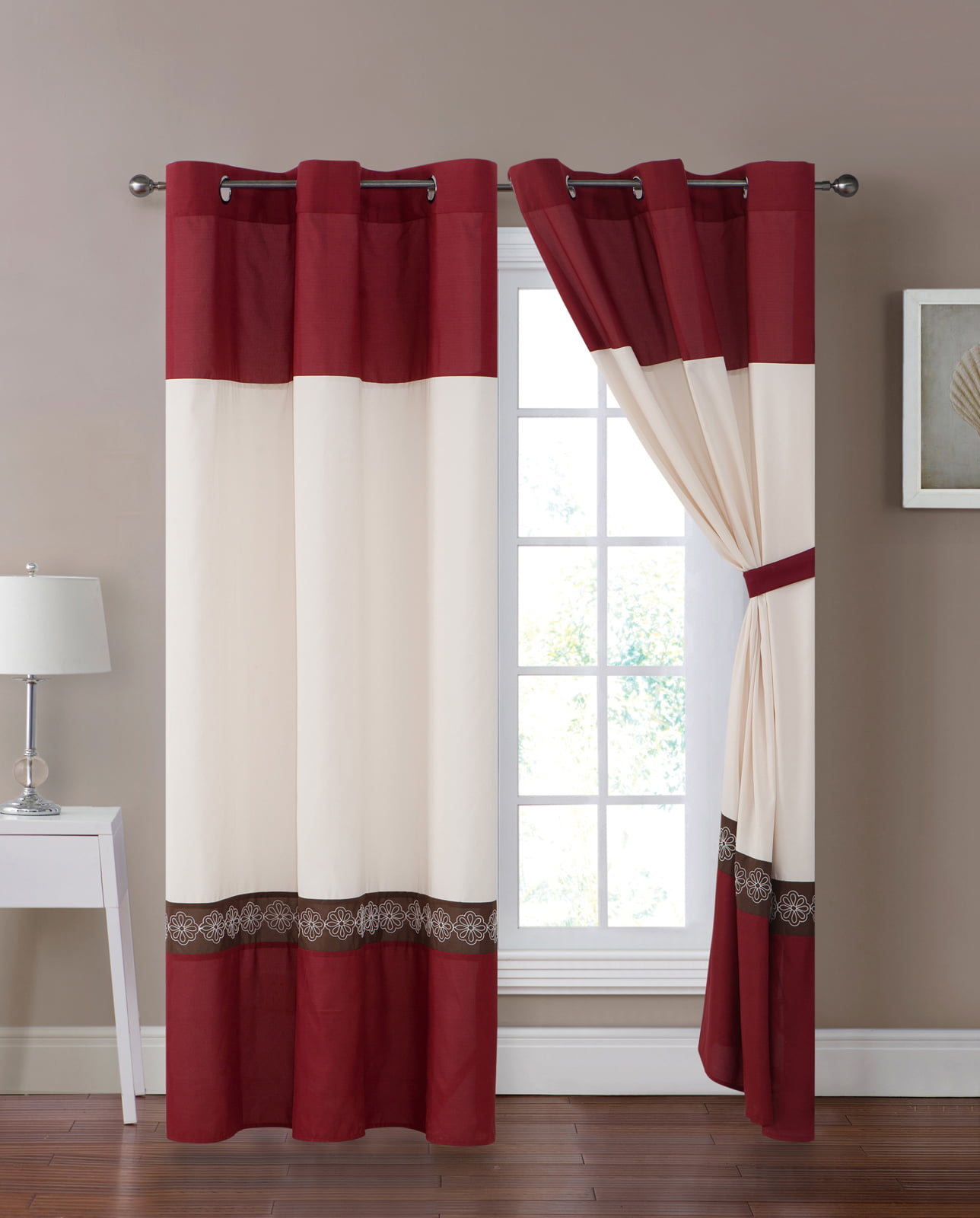 Details about   4-Pc Floral Blossom Vine Scroll Embroidery Curtain Set Ivory Red Drape Valance 