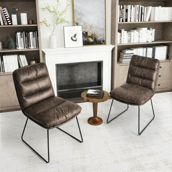 Homy Casa 2 Pack Armless Accent Chairs for Living Room, Tufted Faux Leather Upholstery, Brown