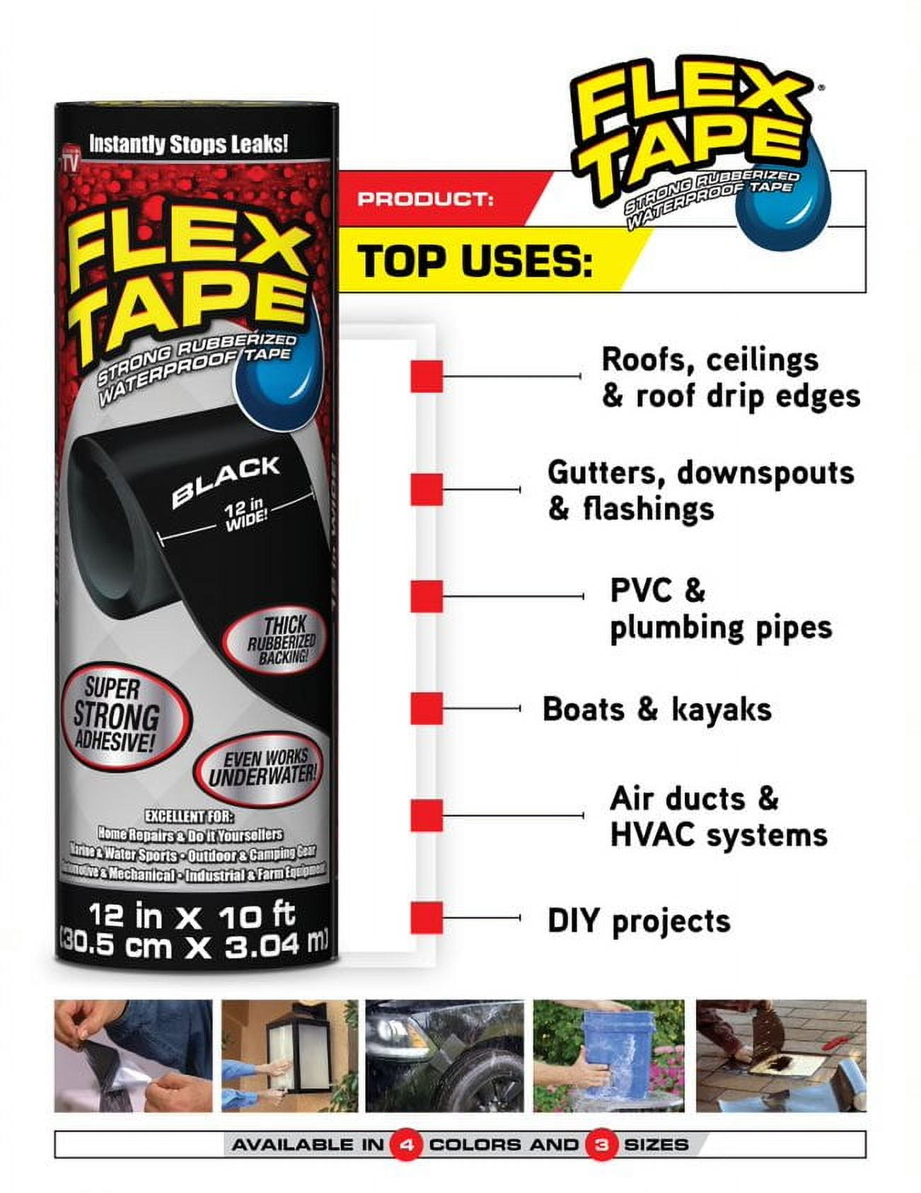 (2 pack) Flex Tape Waterproof Rubberized Marine Tape Black 4in x 5ft