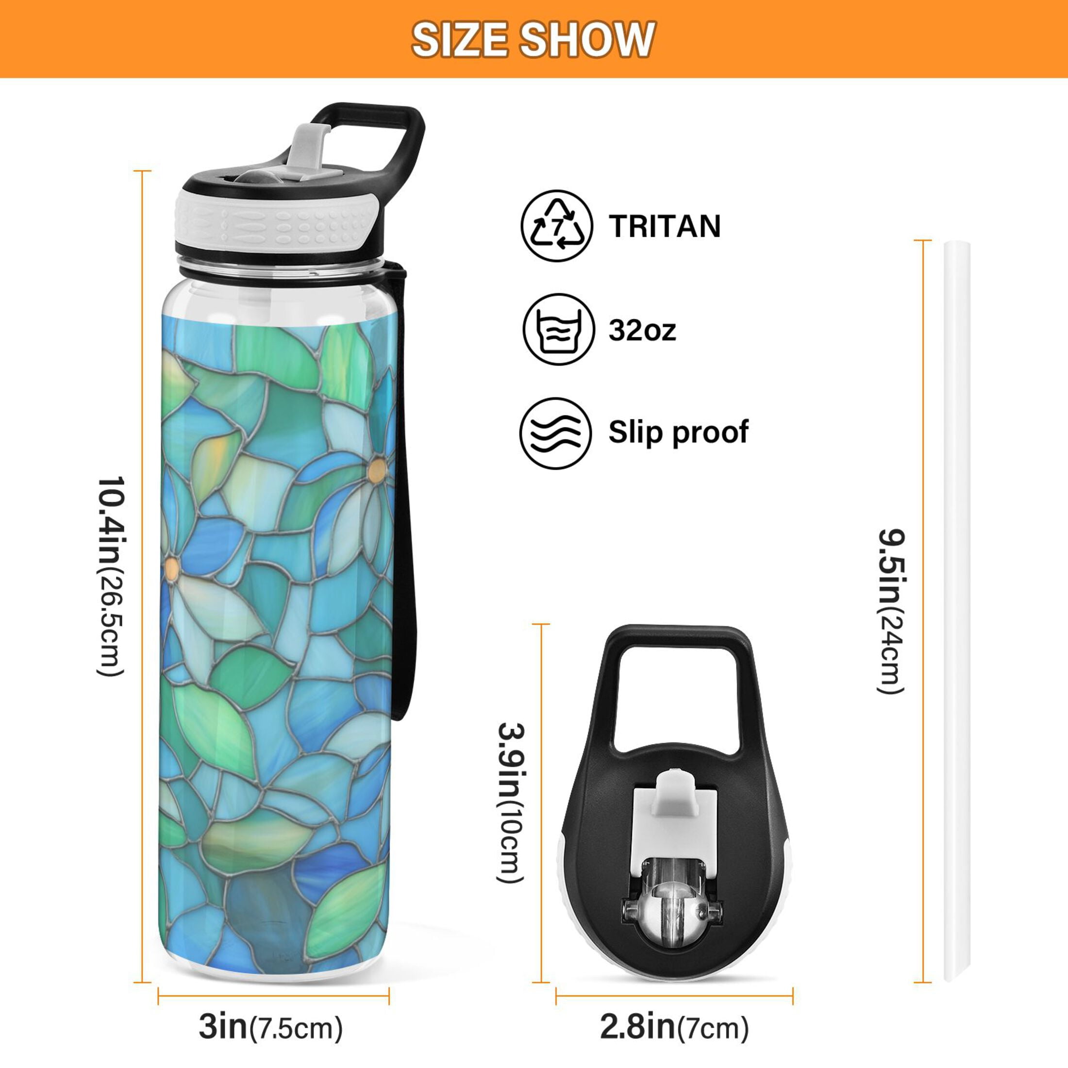 Qxltty Light Blue Green Glass Water Bottle 32 oz with Straw BPA Free Reusable Fitness Sport Bottle Perfect for Travel School Outdoors and Gym