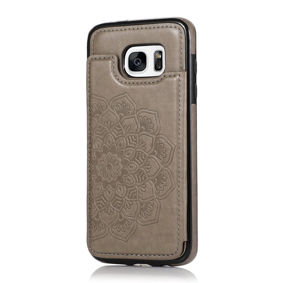 For Samsung Galaxy S7 Edge Case with Card Holder, Cute Mandala Embossed PU Leather Wallet Case, Back Magnetic Snap Flip Folio Cover with Kickstand Shockproof Protection Slim Cover,Gray