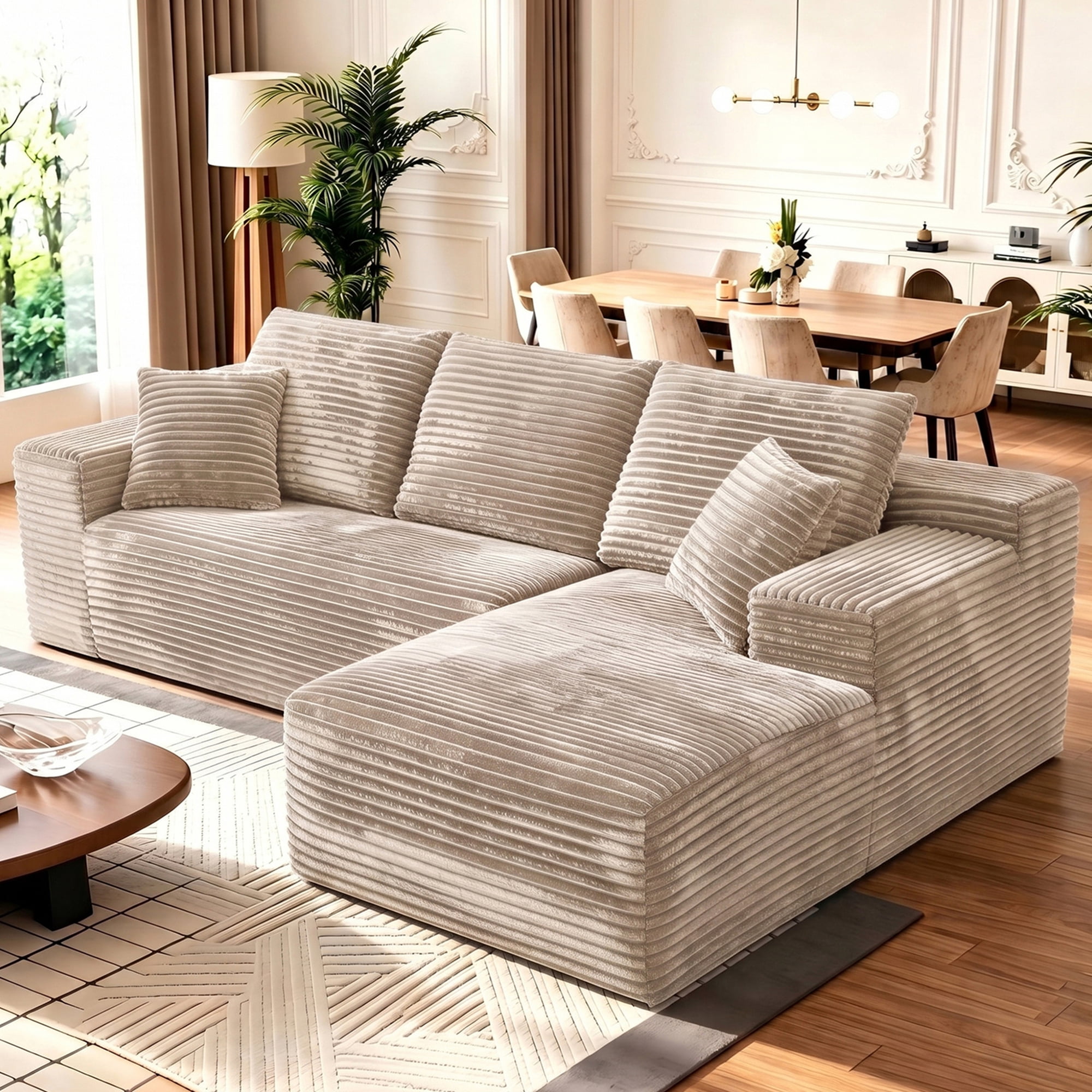 Aukfa 108" Cloud Sectional Sofa Deep Seat Boneless Couch Modular L-Shaped Couch, Rihgt Chaise Corduroy Sofa for Living Room, Khaki