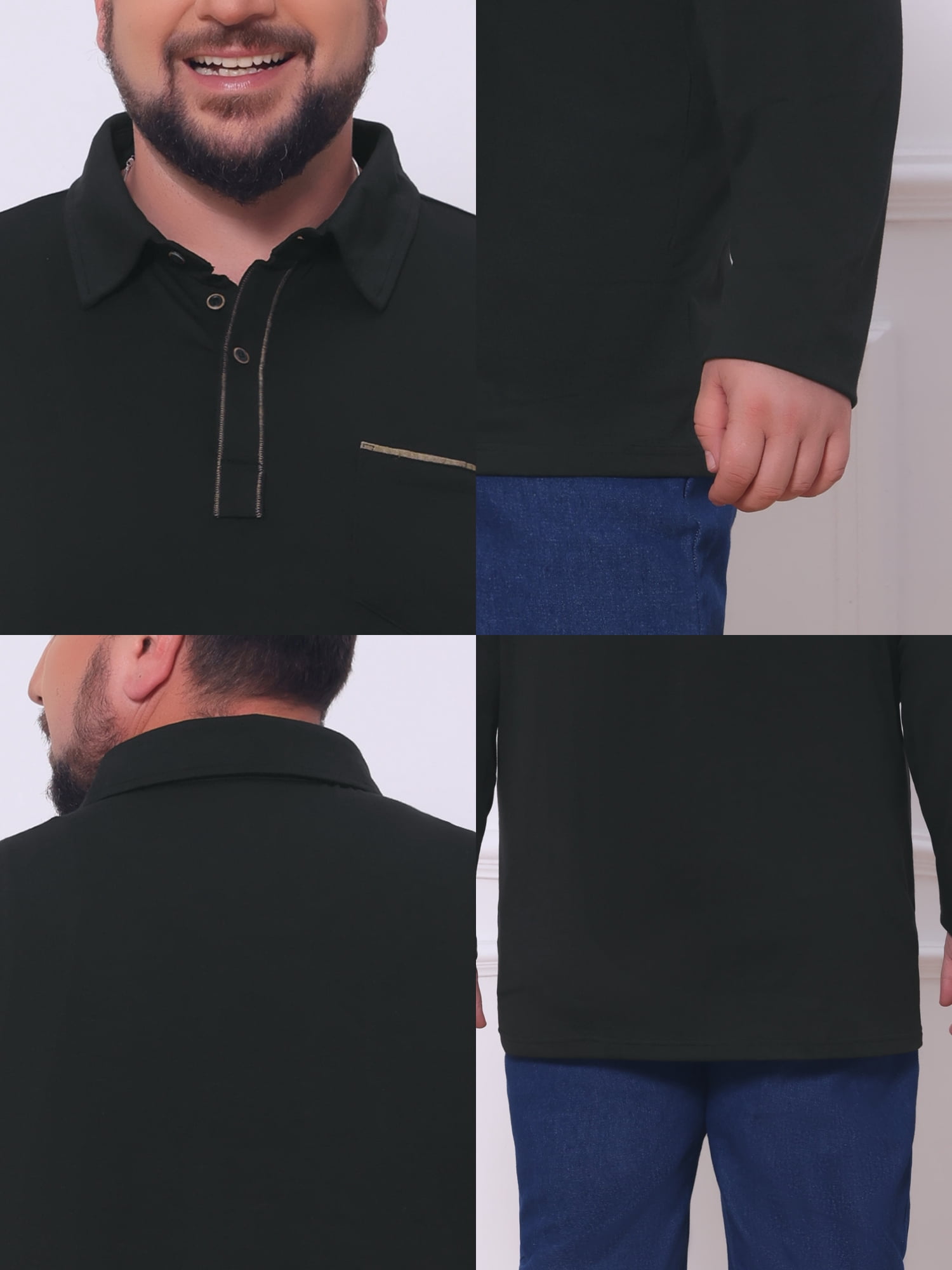 DARING DIVA Men's Big Tall Chest Pocket Long Sleeve Business Polo Shirt 3XL Black