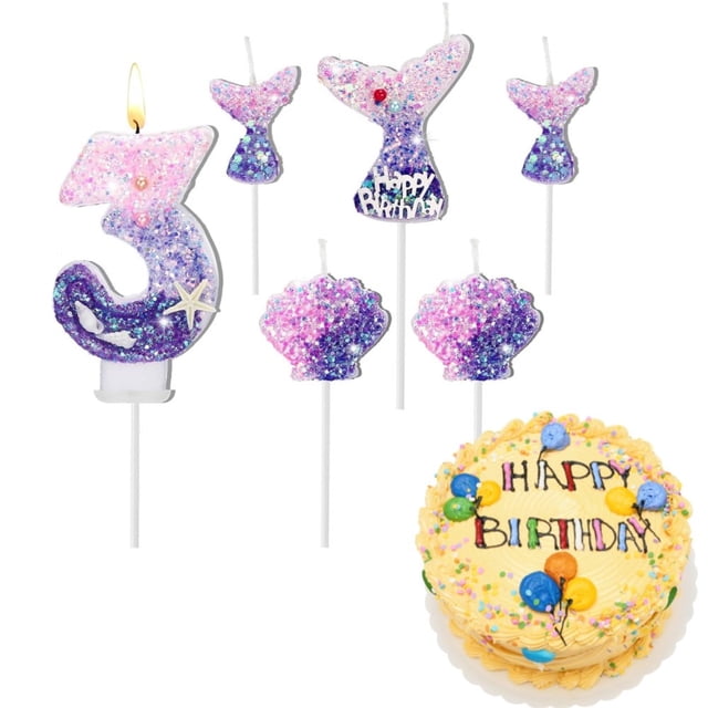 MesaSe 6 Pcs Birthday Candles 2.8” Mermaid Theme Birthday Cake the Number 0-9 Candles 1Pcs Number 3Pcs Mermaid Tail and 2Pcs Shell Candles for Birthday Decorations Mermaid Themed Party