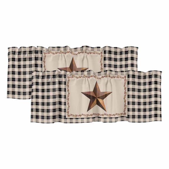 2 Pack Valances for Windows, Western Texas Star Retro Window Valances for Living Room/Bedroom/Bathroom, Rustic Vintage Berry Black Beige Plaid Light Filtering Kitchen Curtain Valance 42"W x18" L