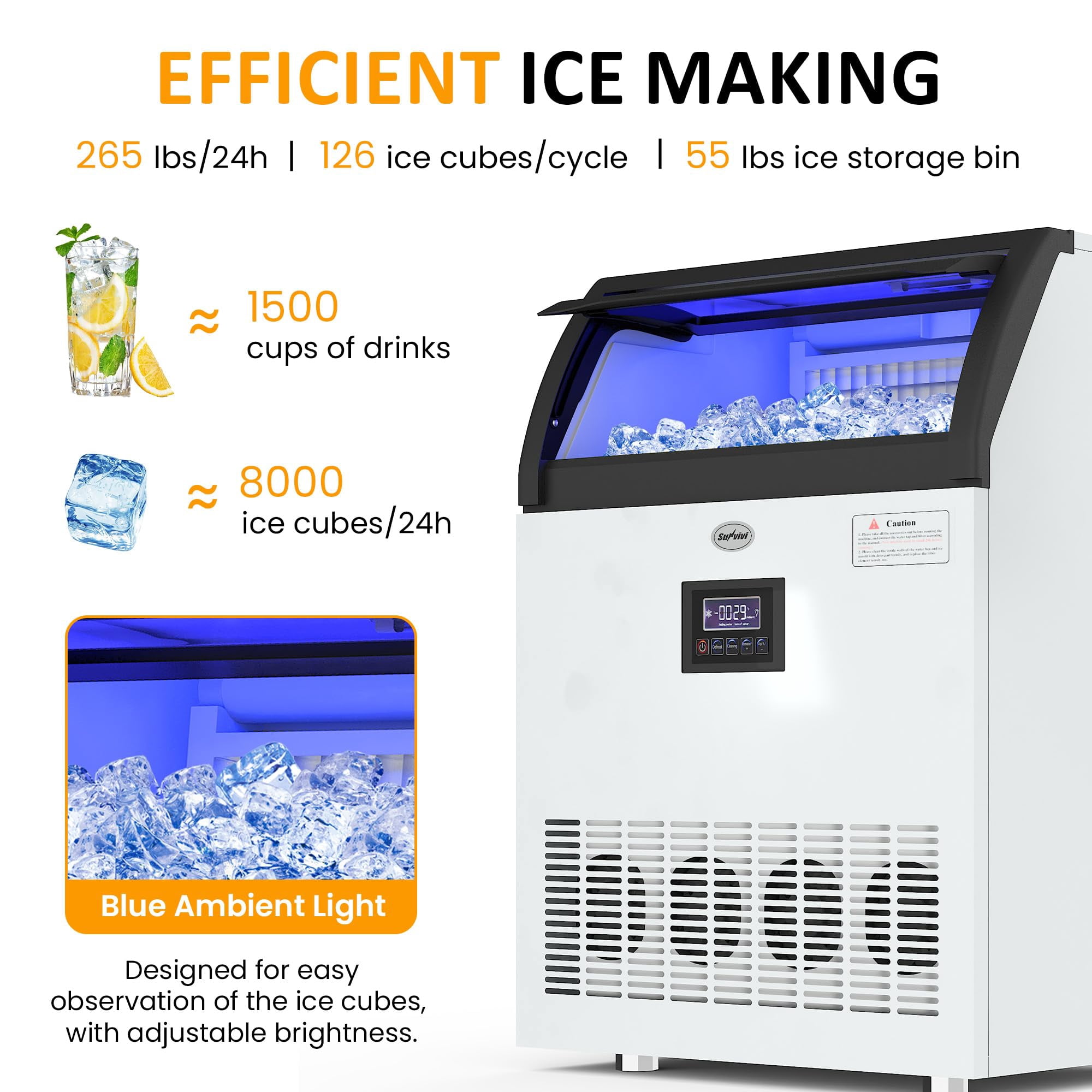 Sunvivi Commercial Ice Maker Machine, 265LBS/24H, 55LBS Storage Bin, Stainless Steel Under Counter Ice Machine for Restaurants, Bars, and Home Use, Includes Water Filter, Scoop, and Hose