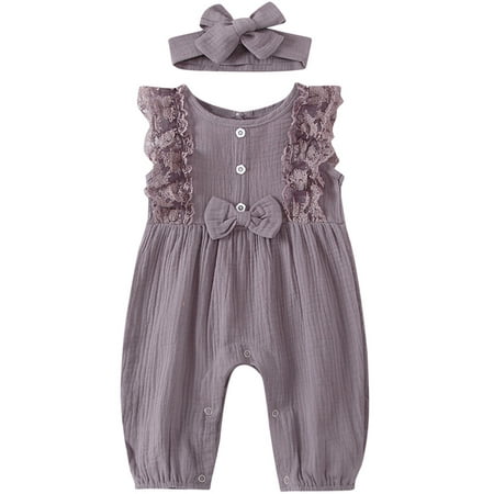 

2PCS Newborn Baby Girl Lace Romper Bodysuit Summer Outfits Clothes Headband Set