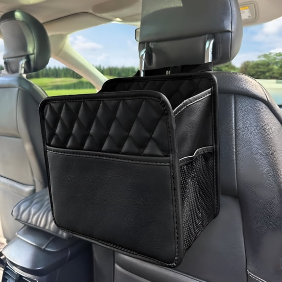 XIBUFE Car Seat Organizer with 2.14Gal Trash Can & Storage Pockets Front Seat Organizer- Premium Pu Leather,Foldable Backseat Hanging Bag for Cars,Suvs,Trucks (Black)