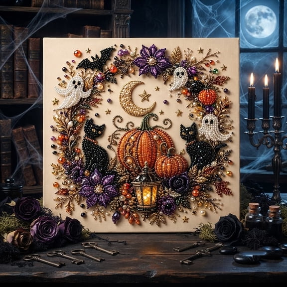 Halloween Pearl Diamond Painting Art Kit, 3D Sparkling Pearl Beads Craft with Frame, Spooky Cute Wall Decor for Adults Beginners and Seasonal Gift