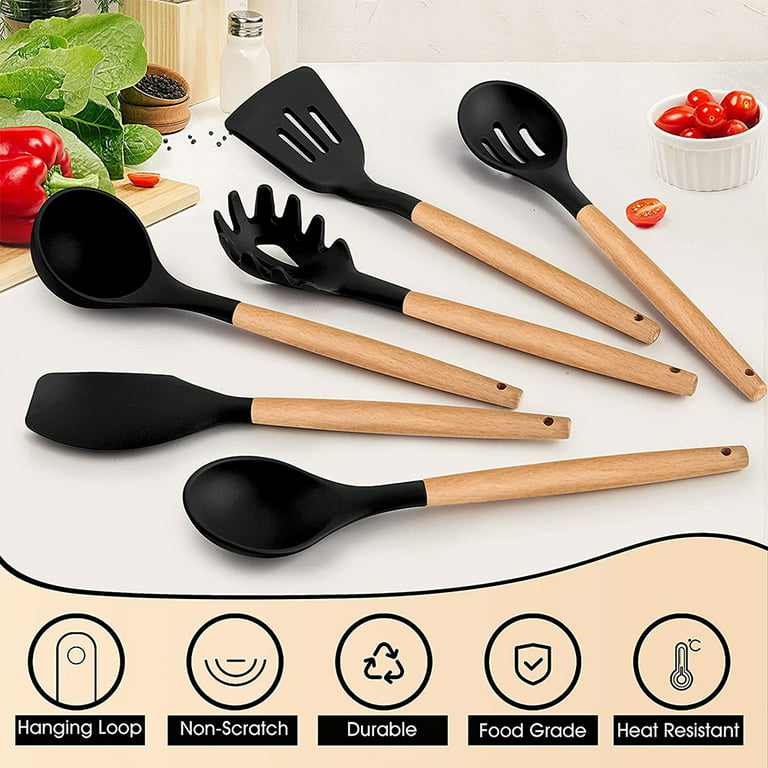 Large Silicone Cooking Utensils Set - Heat Resistant Silicone Kitchen  Utensils for Cooking w Wooden …See more Large Silicone Cooking Utensils Set  