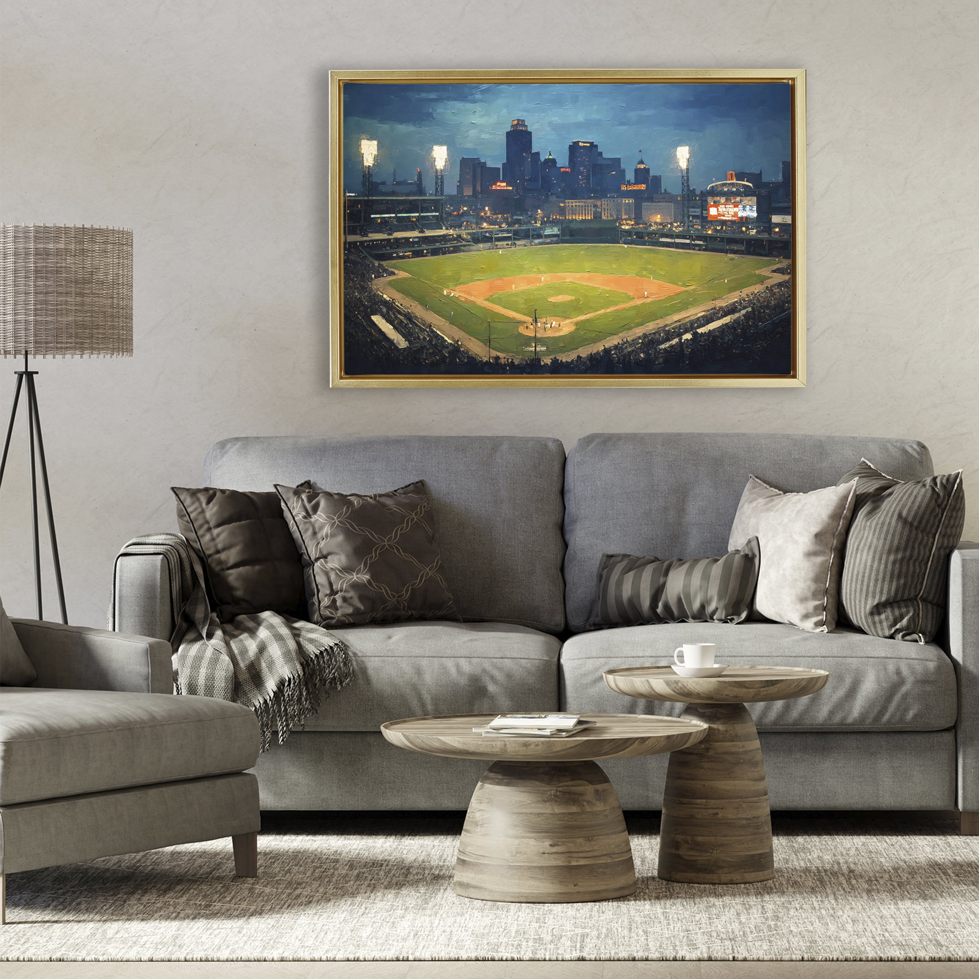 Baseball Stadium at Night Gold Framed Floater Canvas Wall Art, design by Arlington Prints