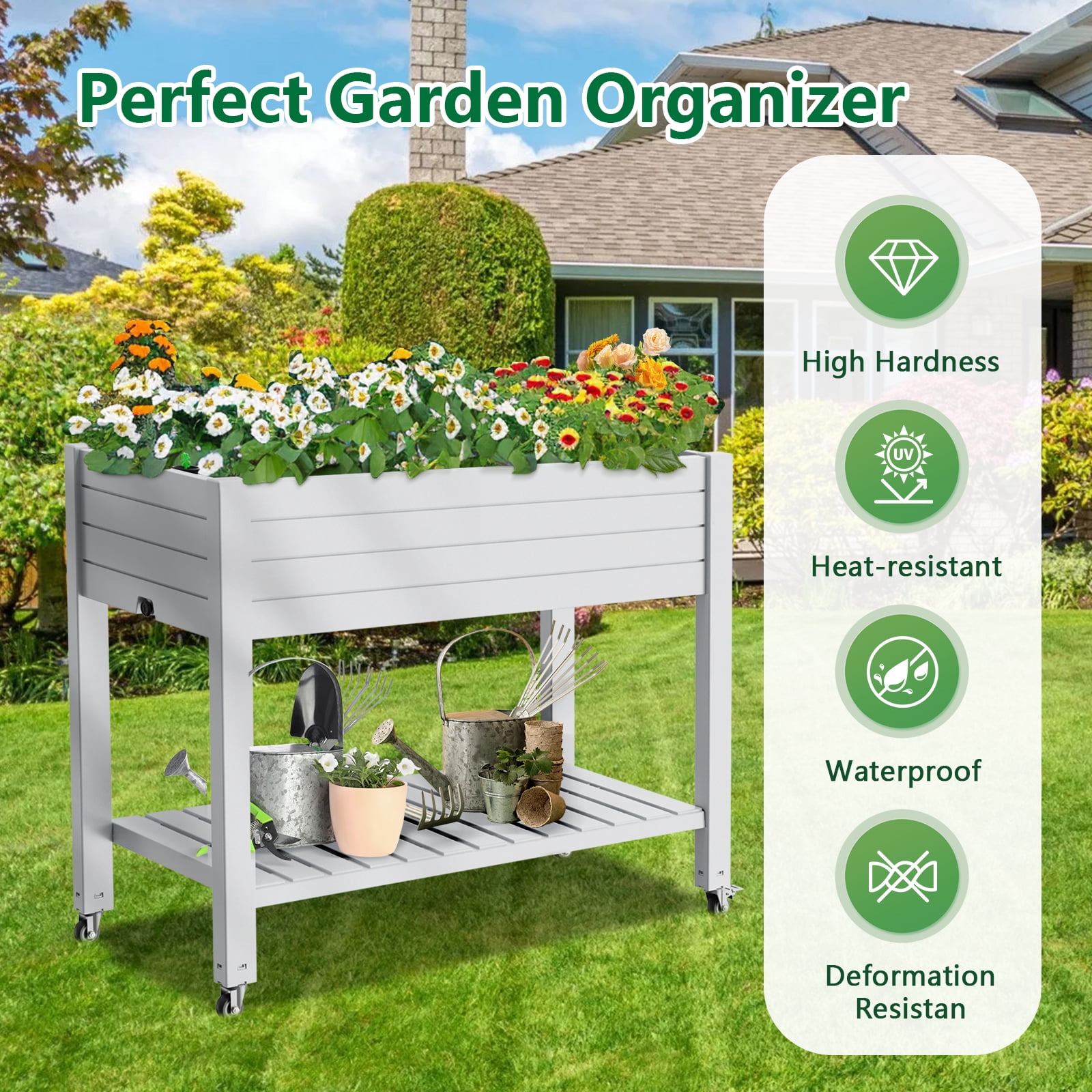 Joxxoaa Raised Garden Bed with Legs,Self-Watering Resin Planter Box with Lockable Wheels Drainage Plug and Gauge for Vegetables, Flowers, Storage Shelf for Tools and Accessories (White)