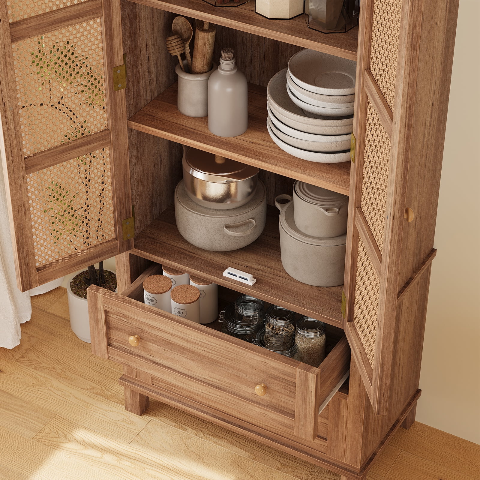 Maritcute Kitchen Pantry Cabinet with Rattan Doors, 2 Drawers, Adjustable Shelves, Suitable for Kitchen and Dining Room, Walnut Finish