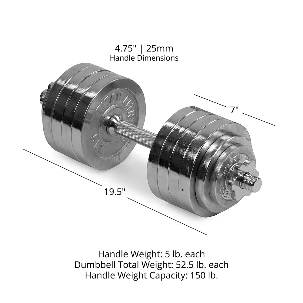 Titan Fitness 105 LB Adjustable Chrome Dumbbell Set, Pair of 52.5 LB Dumbbells, Medium Knurl Grip Handles