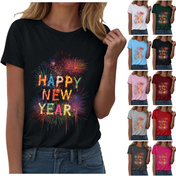 felwors Happy New Year Shirt for Women 2026 New Years Eve T-Shirt Countdown Fireworks Holiday Party Tops(Red, L)