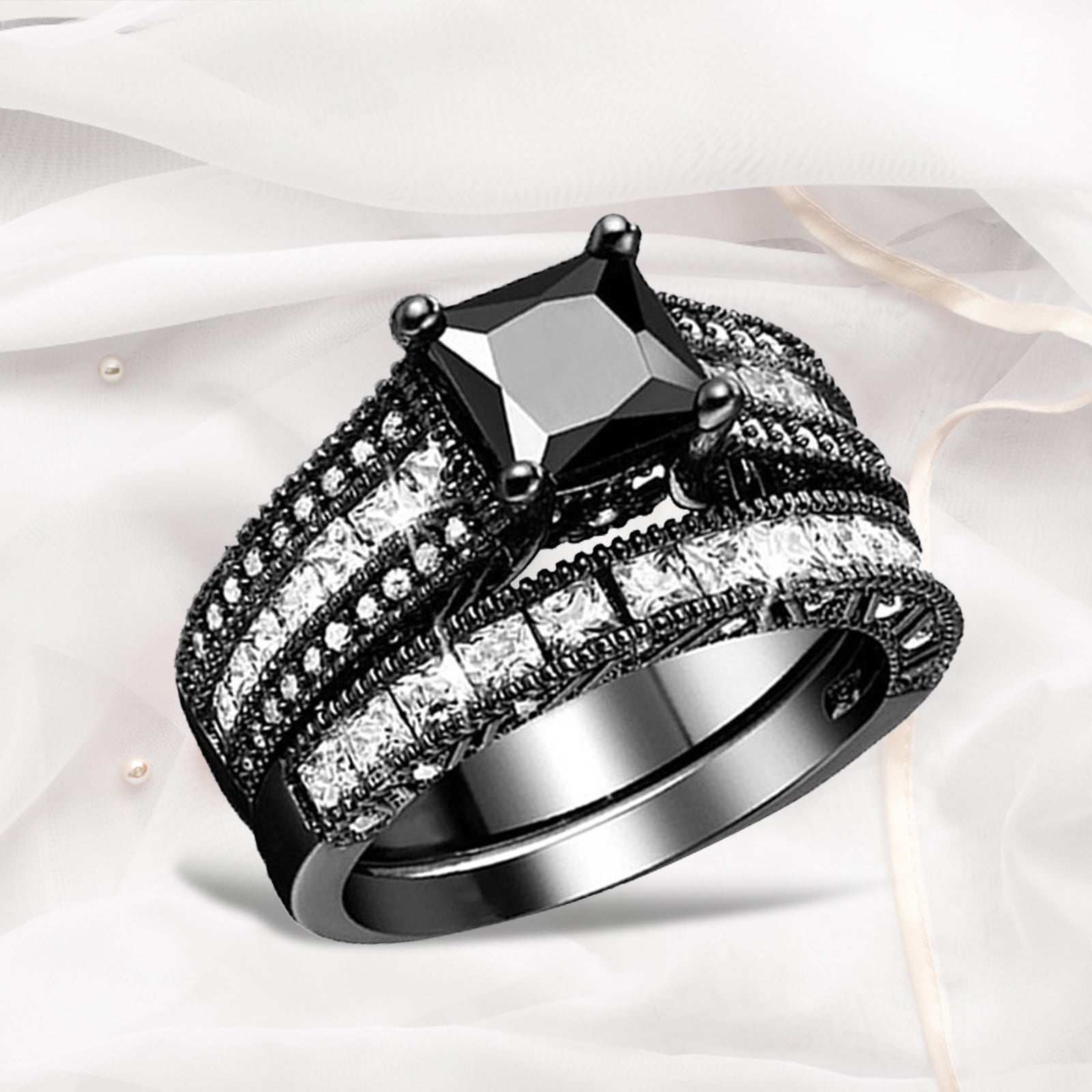 WNG 2 in 1 Womens Vintage Black Ring Diamond Engagement Wedding Band ...