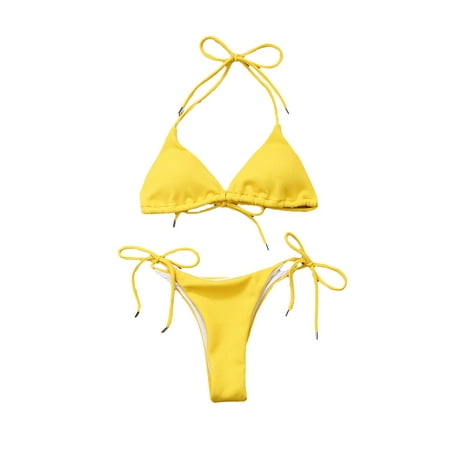 

Qiylii Women Summer Bikini Set 2Pcs Suit Push Up Padded Bra + Side Tied Low Waist Thong Solid Color Bathing Suit