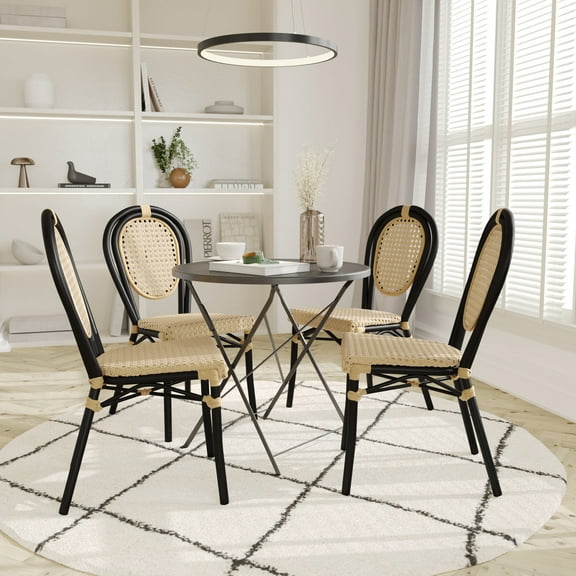 Emma Oliver Set of Four Indoor/Outdoor Stacking Thonet Bistro Style Chairs with Natural PE Cane Rattan Seat and White Finished Metal Frame