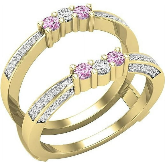 beryl_creation 2.03Ct Round Cut Pink Sapphire & White Diamond Wrap Enhancer Engagement Wedding Ring 14k Yellow Gold Finish For Women's & Girls 925 Sterling Silver -9.5
