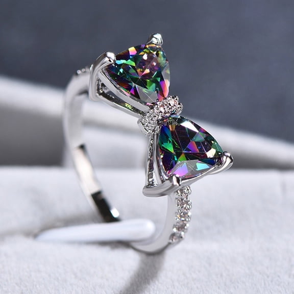 SmartBy Women Ring Aesthetic Bow-knot Shiny Rhinestone Inlaid Sparkling Decorative Valentines Gift Colored Cubic Zirconia Forefinger Ring Jewelry Fashion Accessory