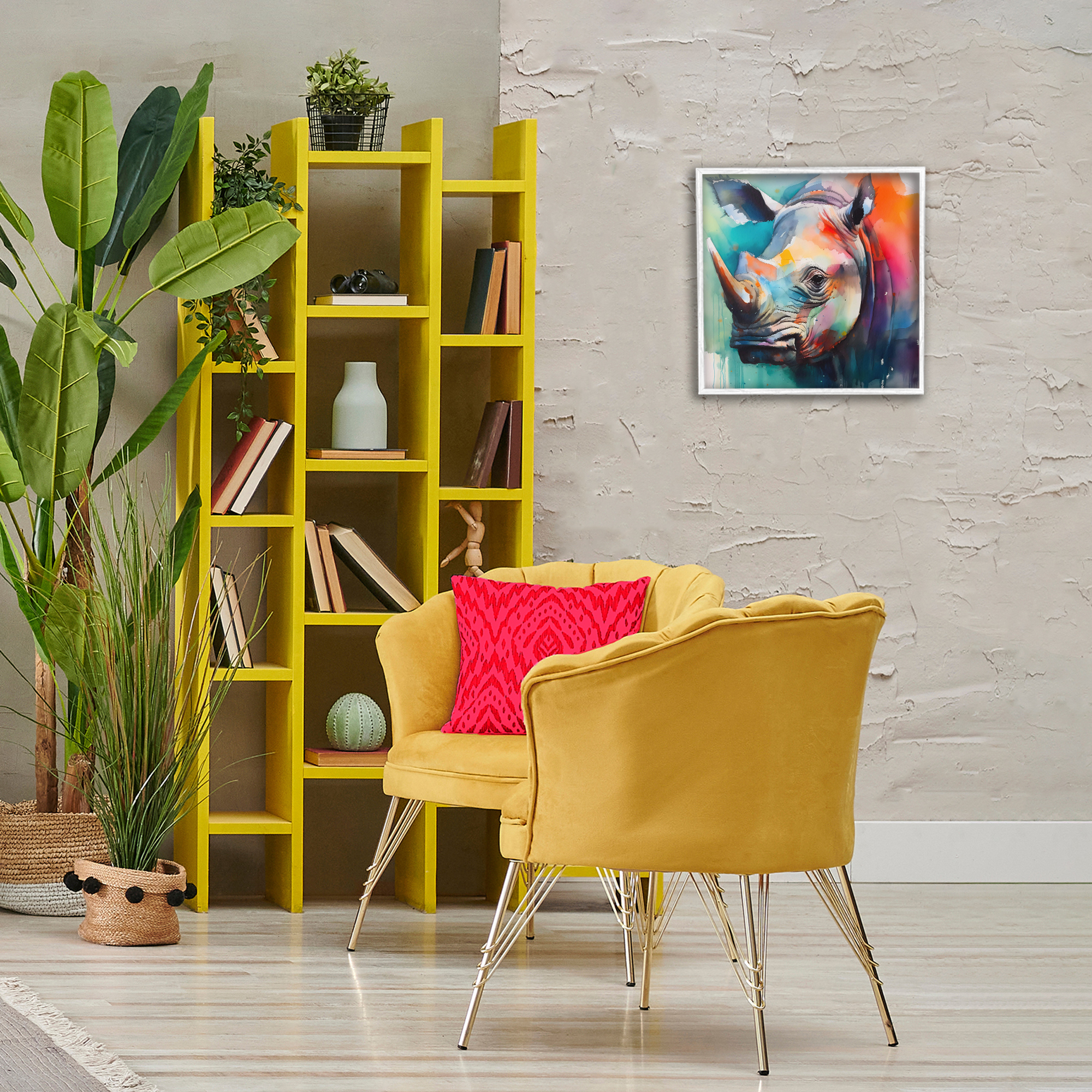 Stupell Industries Rhino with Modern Hues Animals & Insects Painting White Framed Art Print Wall Art, 17 x 17