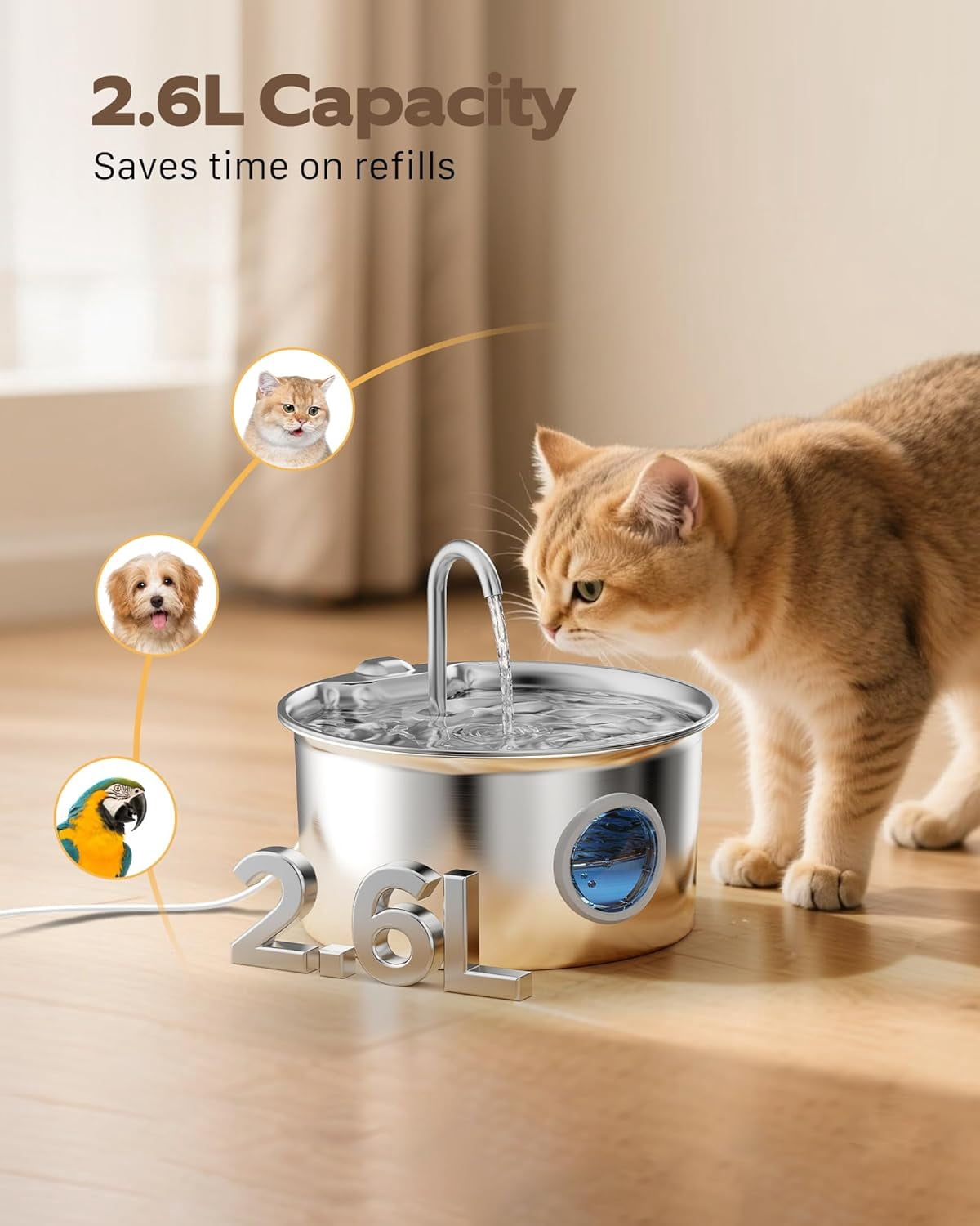 Stainless Steel Pet Water Fountain with 8 Filters and Sponges - 88oz/2.6L Quiet Cat Waterer Bowl Dispenser for Indoor Cats