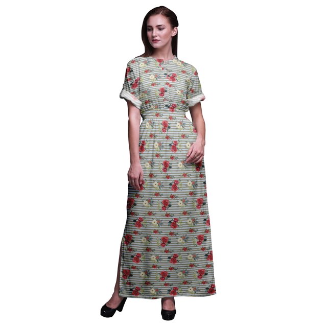 Bimba Robe Kimono Imprimée en Rayonne Bégonia & Rayures Manches Longues Maxi Fendue d'Été-moyen