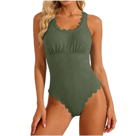 MYAOYI Womens Swimsuit Scalloped Trim One Piece Swimsuit Ribbed Tummy Control Modest Beach Bathing Suit