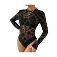 thumbnail image 5 of Women Sheer Mesh Bodysuit Long Sleeve Round Neck Floral One Piece See Through Bodycon Bodysuit Top Leotard Clubwear (Black, M), 5 of 9