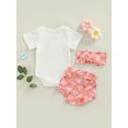 thumbnail image 4 of Franhais Infant Baby Girl Summer Clothes Set, Short Sleeve Round Collar Letter Print Jumpsuit + Floral Print Shorts + Bow Headband, 4 of 7