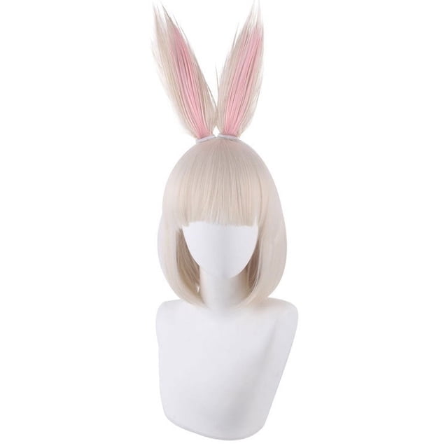 Peluca corta para cosplay con orejas de conejo rubio y flequillo recto, 30 cm