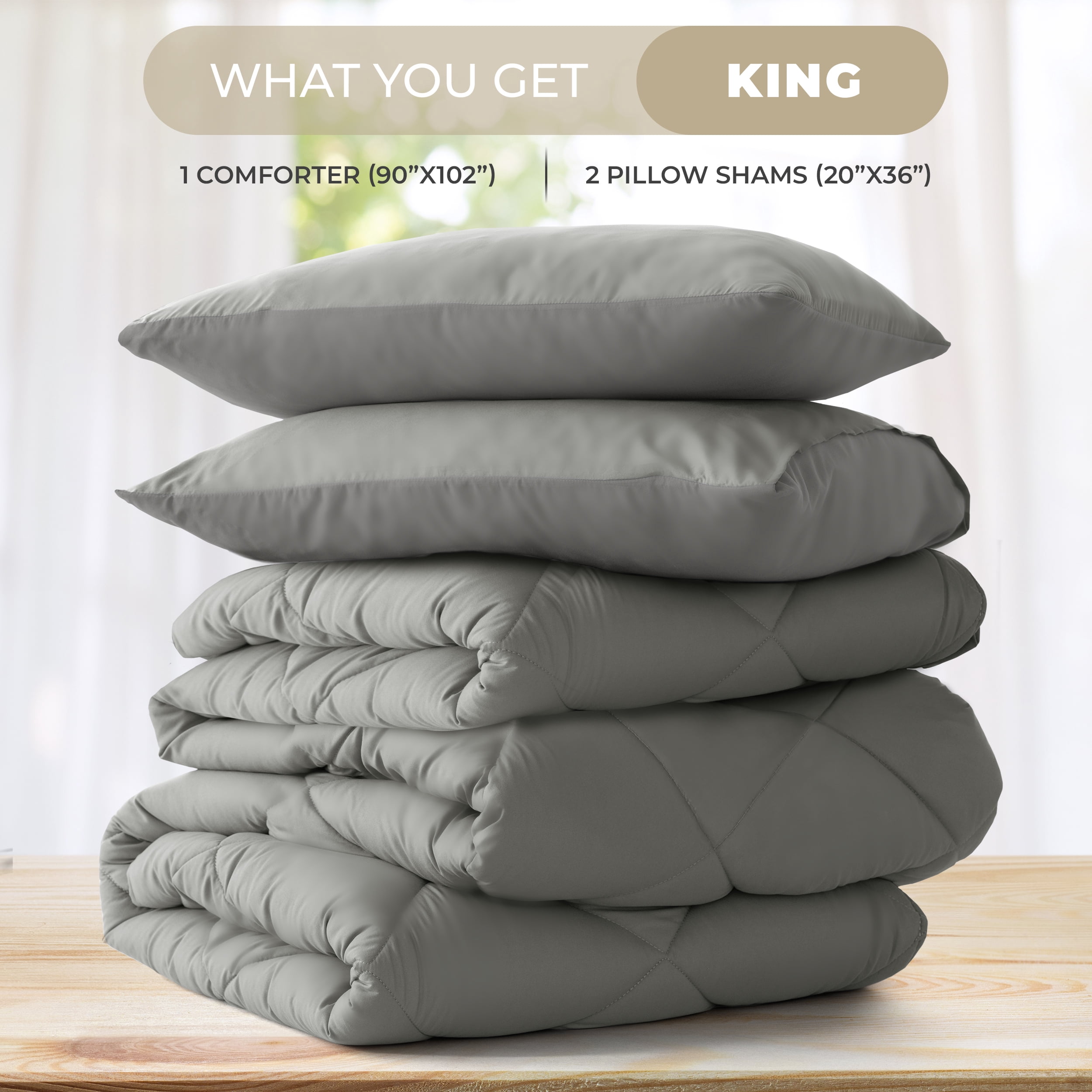 Lux Decor All-Season Comforter Sets King Size 3 PC, Reversible Bedding Set with Diamond Quilted Design Comforter and 2 Pillow Shams, Lightweight & Cozy Set de Cama Gray/Dark Gray
