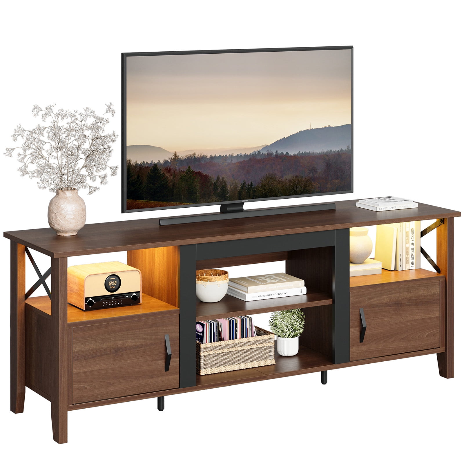 Bestier Farmhouse LED TV Stand for TVs up to 70" Entertainment Center with Cabinet in Ancona Walnut